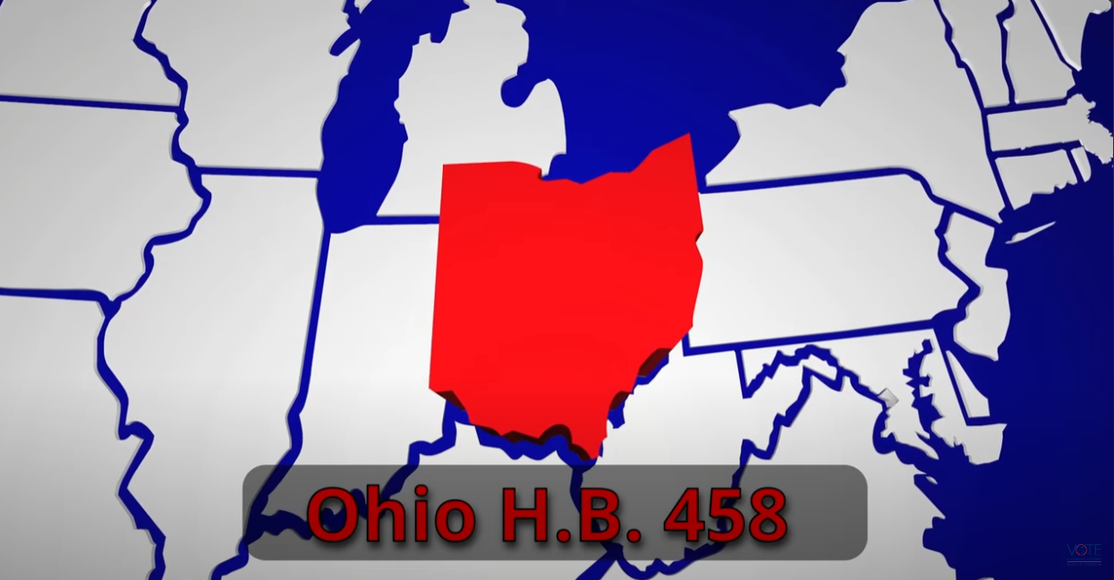 Thumbnail image from a BOE YouTube video. A partial map of the United States with Ohio in red and popping out, with text at the bottom reading "Ohio H.B. 458"