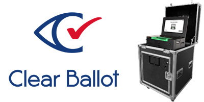 Image of the Clear Ballot Logo to the left of an image of their Ballot Scanner